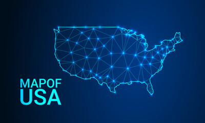 Low Poly USA Map with Glowing Dots – Futuristic Digital Technology Style on Blue Background