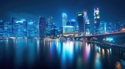 Fototapeta premium Vibrant cityscape of Singapore at night, illuminated by neon lights.