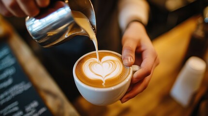 Barista pouring milk into coffee creating heart design