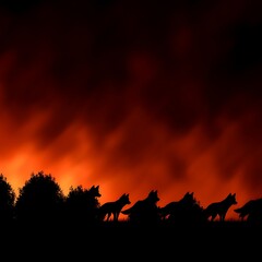 Fototapeta premium Silhouette of Foxes in Wild Burning Sunset Sky Landscape Nature Wildlife Predator Animals Scene Dusk.