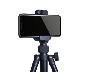 Smartphone on a black tripod for mobile photography on a transparent background

