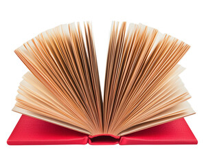 Open book with red cover and fanned pages on a transparent background

