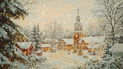 Close up of vintage Christmas card illustrations featuring nostalgic scenes, classic typography, muted tones, and old-fashioned holiday cheer 