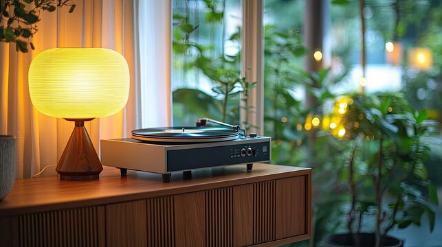 Close up of vintage record player spinning vinyl with soft lighting and retro decor on mid-century modern console 