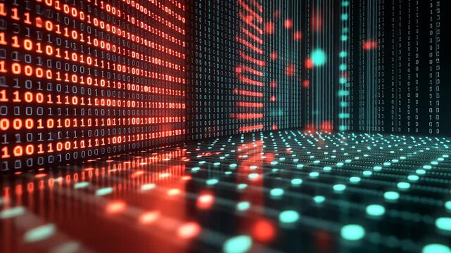 Red And Blue Binary Code Flowing Down In Digital Space With Reflection
