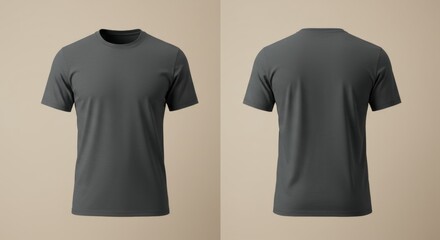 Front and back view of a modern gray t-shirt against a soft beige background, showcasing its simple design and versatility