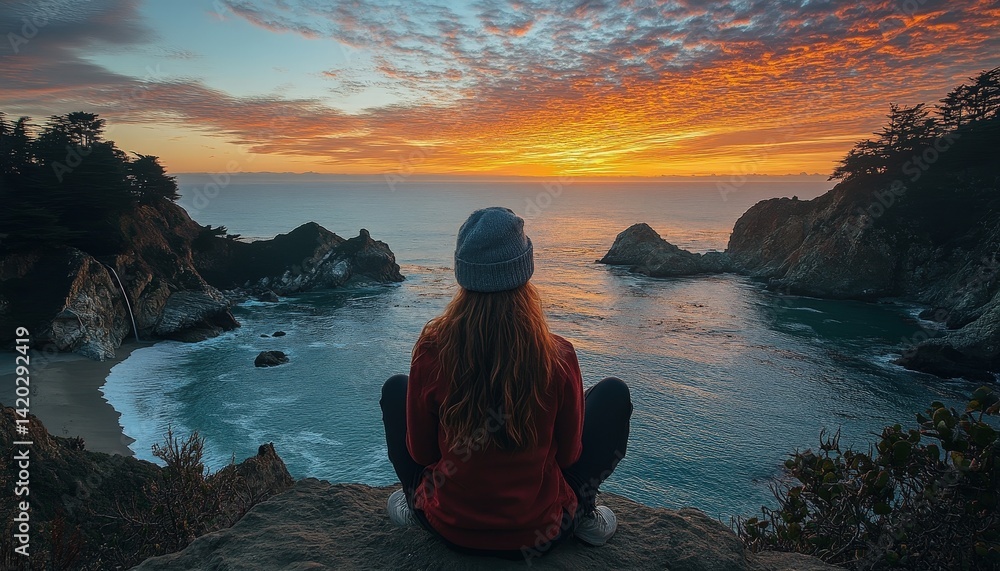 Poster sunset over calm ocean waters with cliffs and grassland along the shore at a scenic coastal location