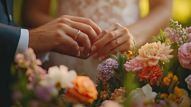 Close up of wedding ring exchange moment with hands holding bands above elegant flower arrangement and blurred officiant 
