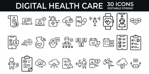 Smart Healthcare and Remote Monitoring Icons – Digital Health Reports, Wearables, Medical Billing, Cloud-Based Patient Care