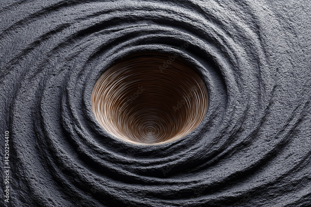 Poster vortex of stone: capturing a mesmerizing spiral of grey stone, with an intriguing central aperture h