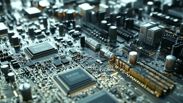  a robotic arm seamlessly attaching microchips to a printed circuit board via advanced surface mount technology