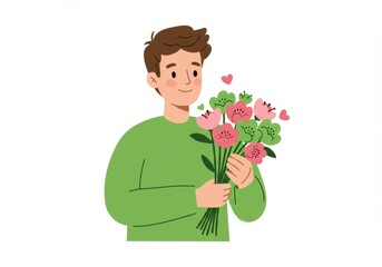 Young man holding floral bouquet with heart motifs symbolizing love and affection