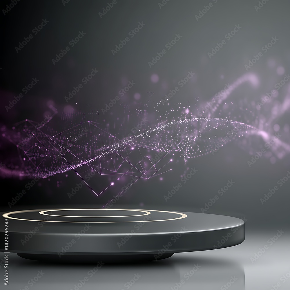 Poster sleek circular platform with abstract network visuals and glowing rings design concept.