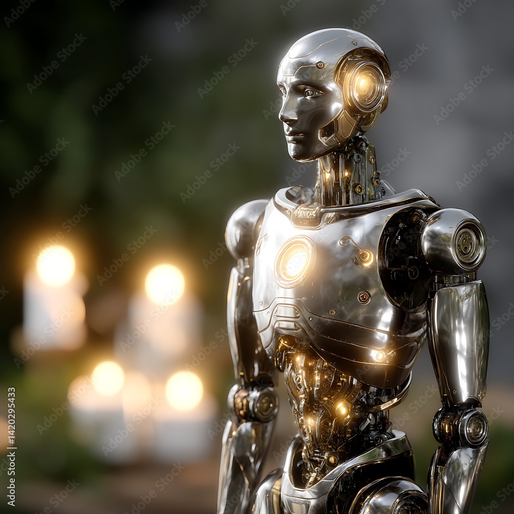 Poster sleek futuristic robot artificial intelligence and light in soft focus background arrangement.