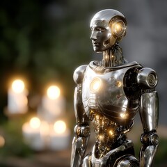 Sleek Futuristic Robot Artificial Intelligence and Light in Soft Focus Background Arrangement.