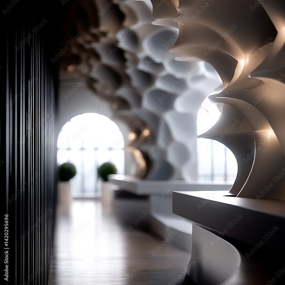 Poster sleek modern interior architecture with sculptural design elements and arched windows in a minimalis