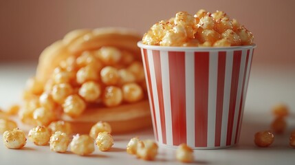 Caramel popcorn in striped cup and waffle bowl on table