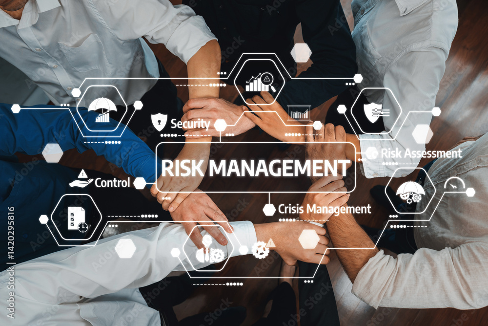 Poster this image illustrates a collaborative approach to risk management, showcasing diverse hands coming 