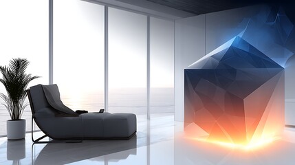 Sleek Room Interior With Chaise Lounge Palm Plant and Illuminated Geometric Sculpture.