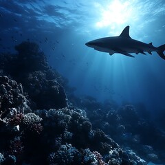 Fototapeta premium Sleek Shark Silhouetted Beneath Sunlit Ocean Surface Amidst Vibrant Coral Reef Habitat Underwater.