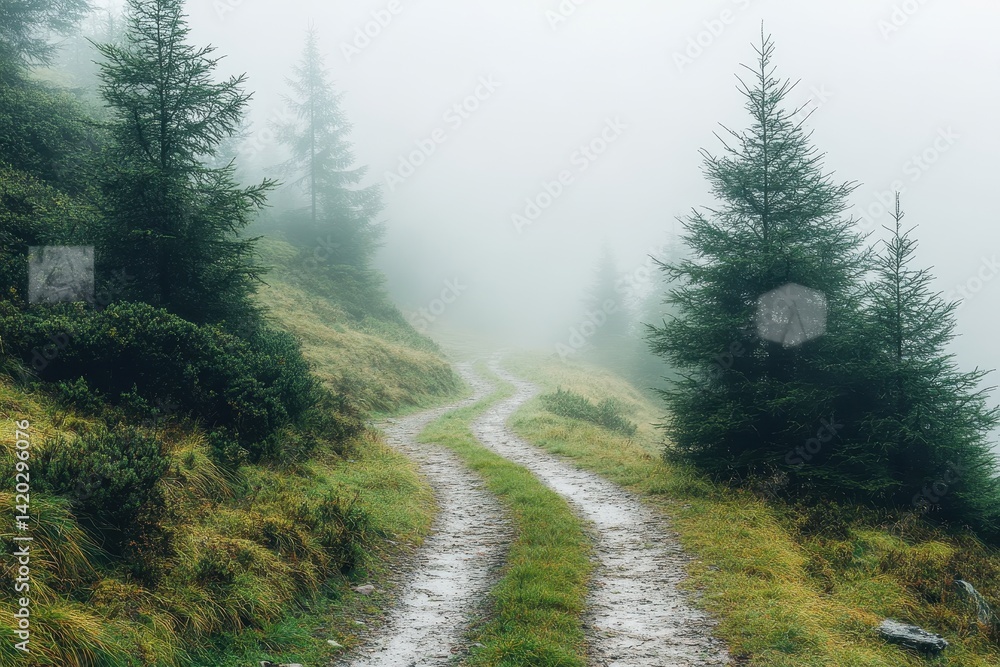Aufkleber winding trail through dense fog in a serene forest with towering evergreens during early morning hou