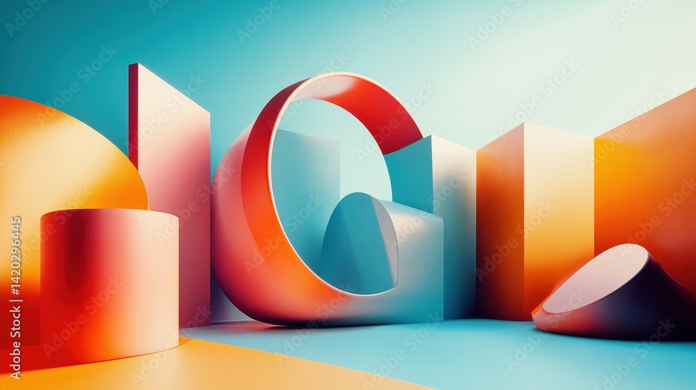 Fototapete Vibrant geometric shapes create an abstract composition showcasing colorful forms and a dynamic interplay of light and shadow in a modern artistic style