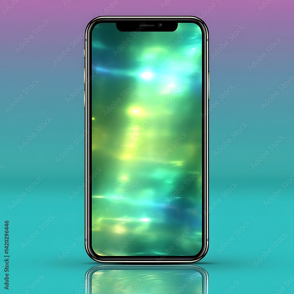 Poster smartphone display showcasing iridescent green light swirls on teal gradient background reflection
