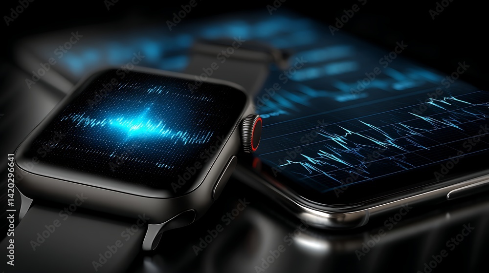 Poster smartwatch and smartphone displaying data analysis graphs in technology concept close up view.