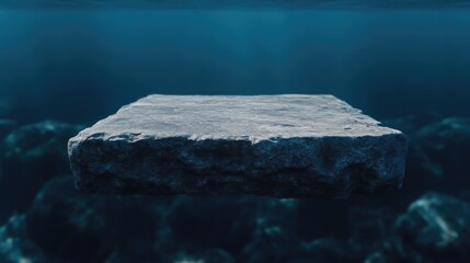 Naklejka premium A large, light gray stone block floats serenely in deep underwater surroundings