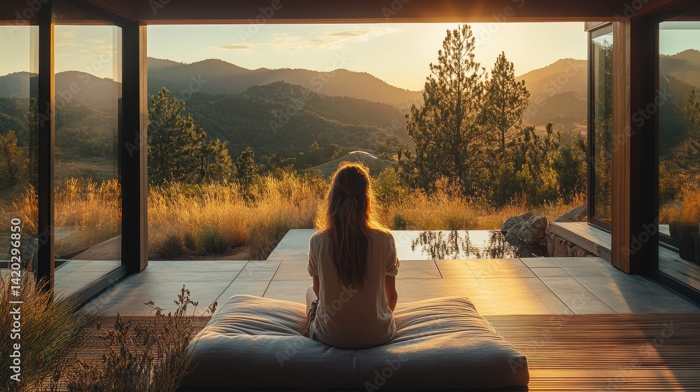Poster relaxing at sunset in a tranquil setting with mountain views and natural light illuminating a serene