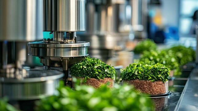Close up plant-based meat production lab equipment processing ingredients into protein alternatives with sustainable food technology