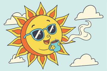 54 Cartoon sun character, blue sunglasses, drinking coffee, steam rising, bright yellow, orange rays, light blue background, white fluffy clouds, cute expression, vector style illustration, vibrant co