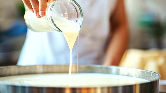 dairy artisan pours liquid rennet into a massive steel tank of milk, beginning the curdling stage in a modern cheese factory.","dairy, artisan, pours, liquid rennet, steel tank
