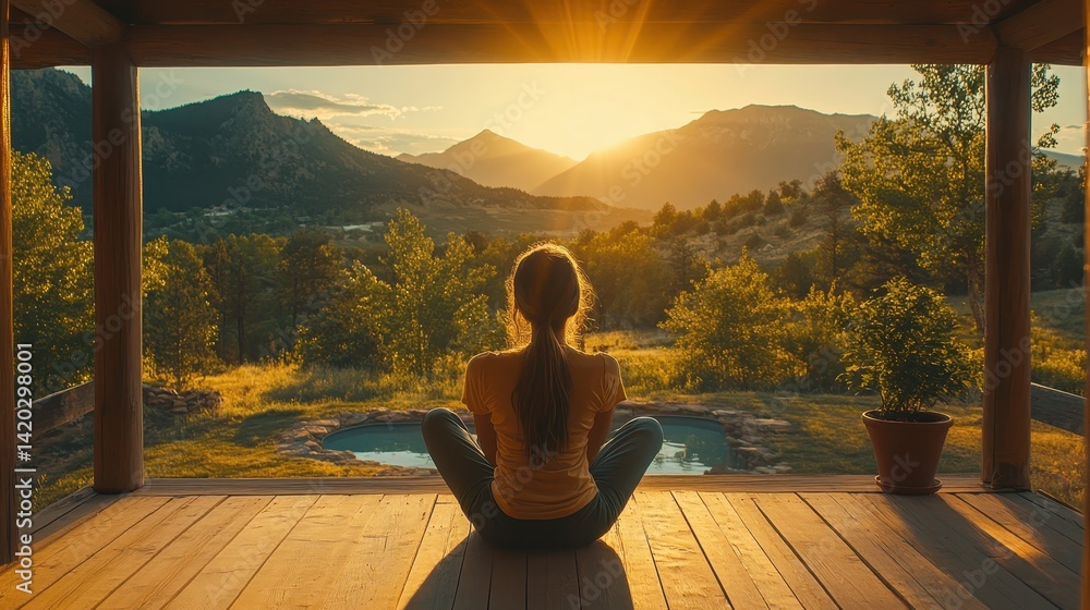 Poster Relaxing at sunset in a tranquil setting with mountain views and natural light illuminating a serene moment of reflection