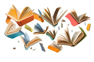 Colorful books are flying in the air against a white background