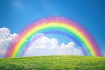 Naklejka premium A stunning double rainbow appears in the vast sky above a field