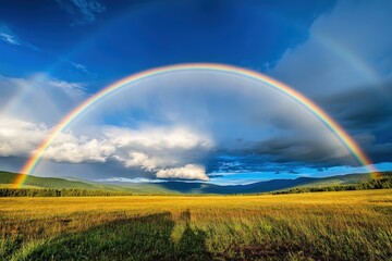 Naklejka premium A stunning double rainbow appears in the vast sky above a field