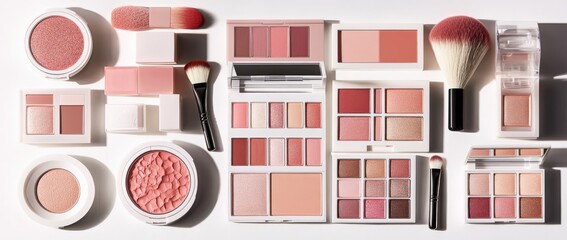 Makeup products are arranged in a row on a white surface
