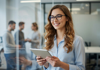 Confident businesswoman using tablet in modern office setting