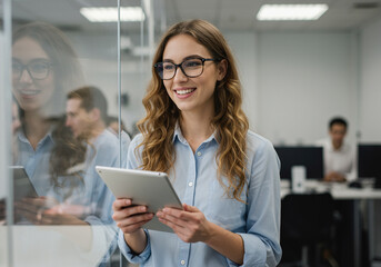 Confident businesswoman using tablet in modern office setting