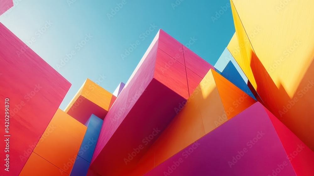 Poster Vibrant geometric shapes create an abstract composition showcasing colorful forms and a dynamic interplay of light and shadow in a modern artistic style