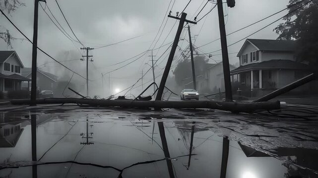 Post-storm scene of a residential street with fallen power lines, broken poles, and flooded roads, reflecting the aftermath of a natural disaster

