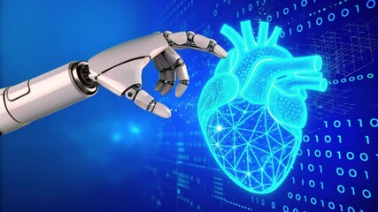 Robotic Hand Touching Digital Heart Hologram with Binary Code Background

 - Powered by Adobe