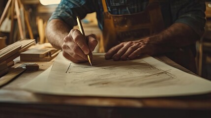 A close-up view of a person’s hand holding a pencil, poised over architectural plans or diagrams on a wooden table.