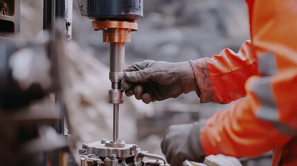 Lithium miner adjusting control settings on drill machine. Featuring precision and technical expertise