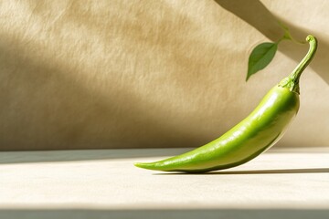 A Green Chili Pepper with a Smooth Surface, Placed Diagonally on a Clean, Minimal Background, Highlighting its Freshness and Vibrant Color