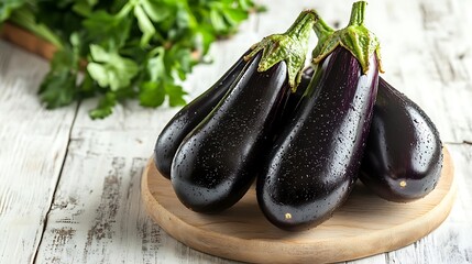Fresh Eggplants with Water Droplets on Wooden Board and White Wooden Background