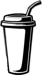 Stylized vector illustration of takeaway drink cup with straw on black background
