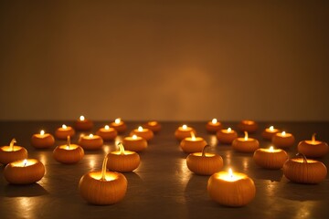 A Group of Small Pumpkins Arranged in a Pattern, Eerie Candlelight Casting Shadows Nearby, Creating a Mysterious and Spooky Ambiance