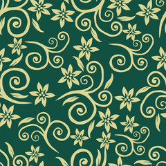 cream vector stock small flowers with green leaves pattern on green background